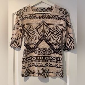 Ginger G. Top Short Sleeves Size Small Made USA Knit Blue Beige Abstract Design